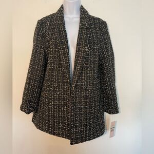 Nanette Lepore Womens Black Gold Glitter Plaid Tweed Blazer Jacket Large